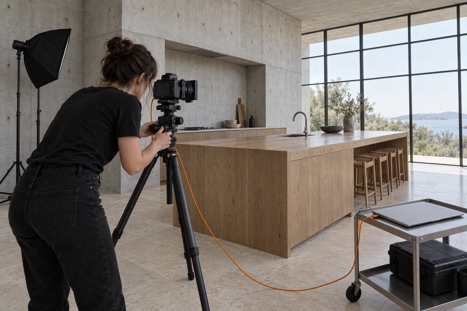 Architectural photographer on a tethered interior shoot in a concrete kitchen, camera on a geared head cabled to a laptop