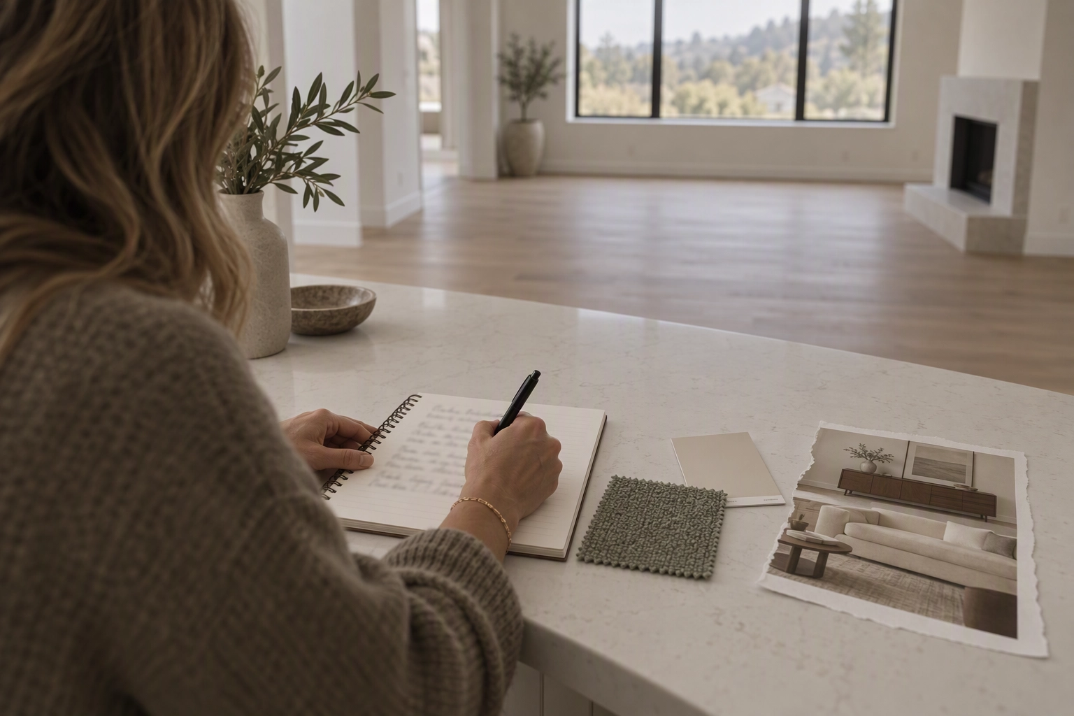Agent writing a staging brief with a fabric swatch and furniture clipping, the notes that cut BoxBrownie virtual staging reworks