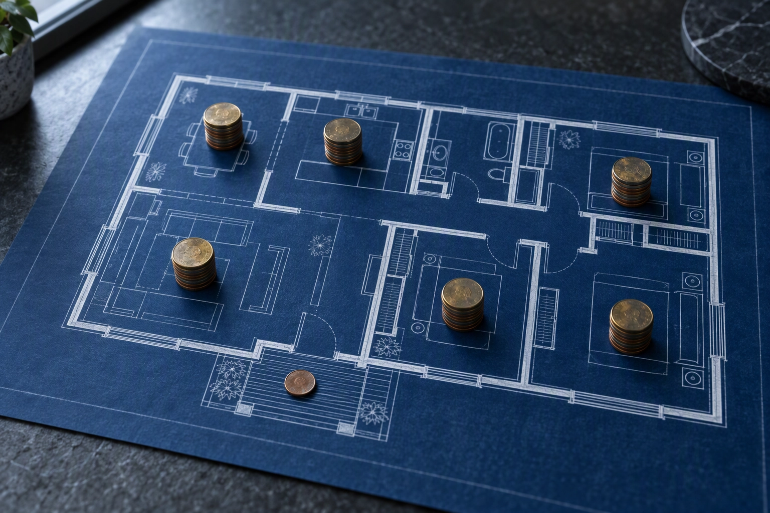 Blueprint of a three-bedroom house with a stack of coins on each of six rooms, pricing BoxBrownie virtual staging per room