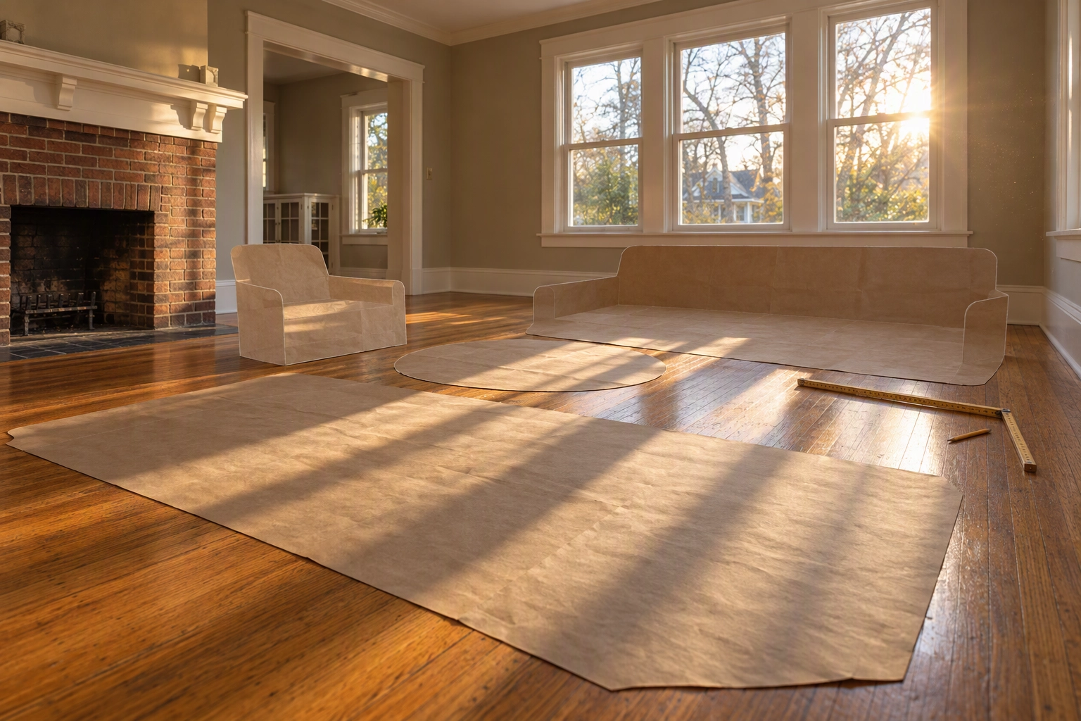 Empty craftsman living room with paper furniture templates laid to scale on the oak floor, the layout a BoxBrownie virtual staging editor plans