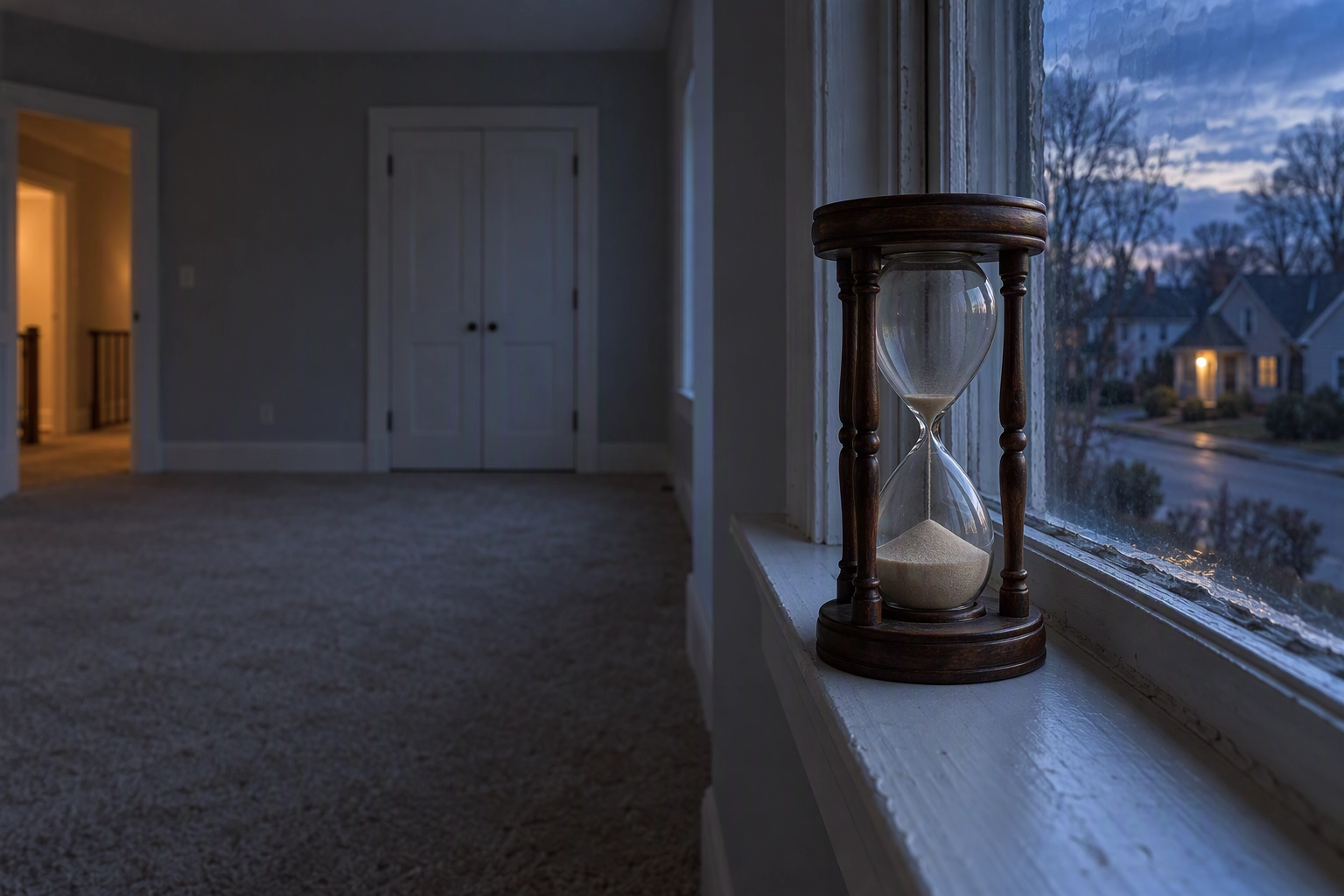 Hourglass on the windowsill of an empty bedroom at dusk, the 48-hour turnaround wait for BoxBrownie virtual staging