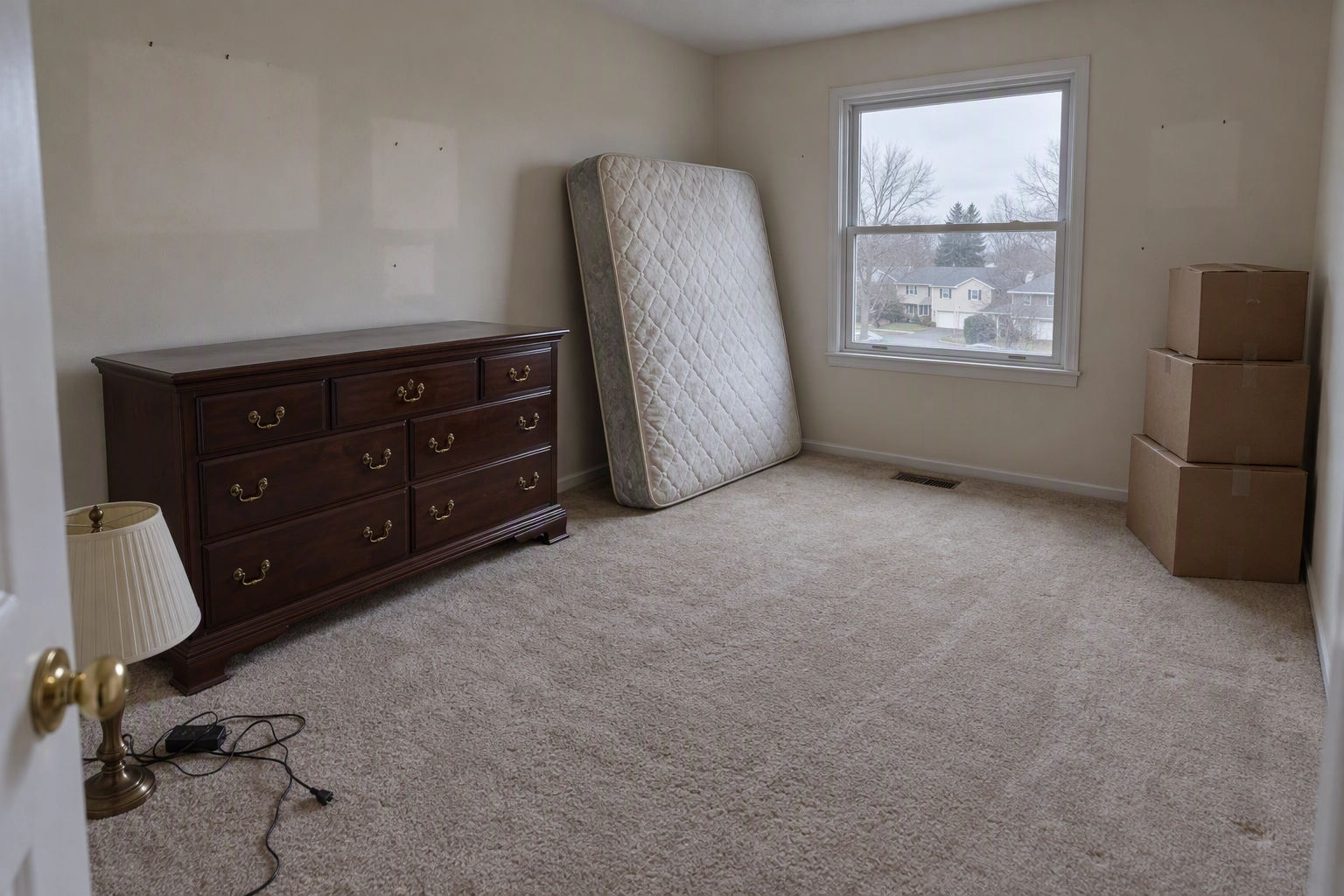 Half-furnished bedroom with a dated dresser, bare mattress and moving boxes, a job for item removal before BoxBrownie virtual staging