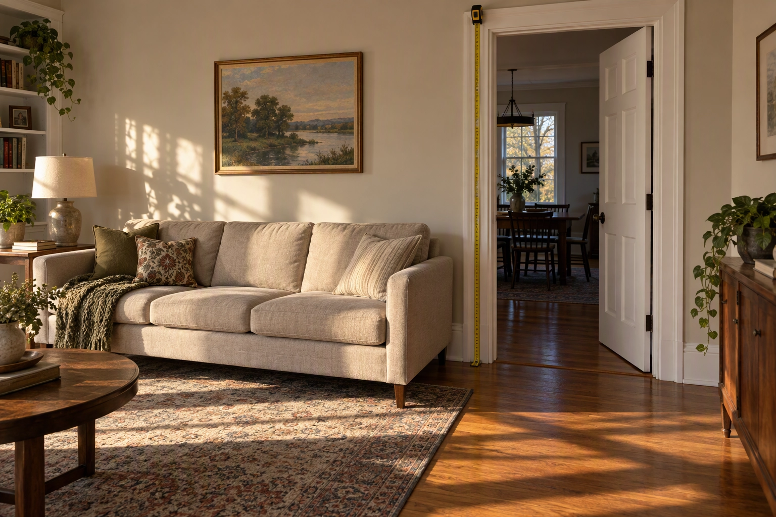 Tape measure along an 80-inch door frame beside a sofa, the scale check to run on BoxBrownie virtual staging before it goes live
