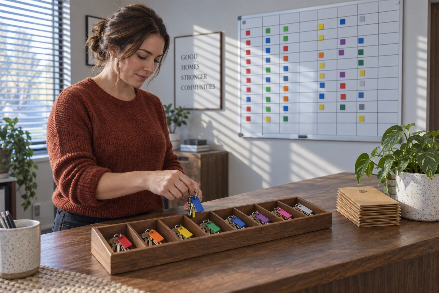 Brokerage listing coordinator sorting tagged keys for several property listings on Monday morning before a bulk photo editing run