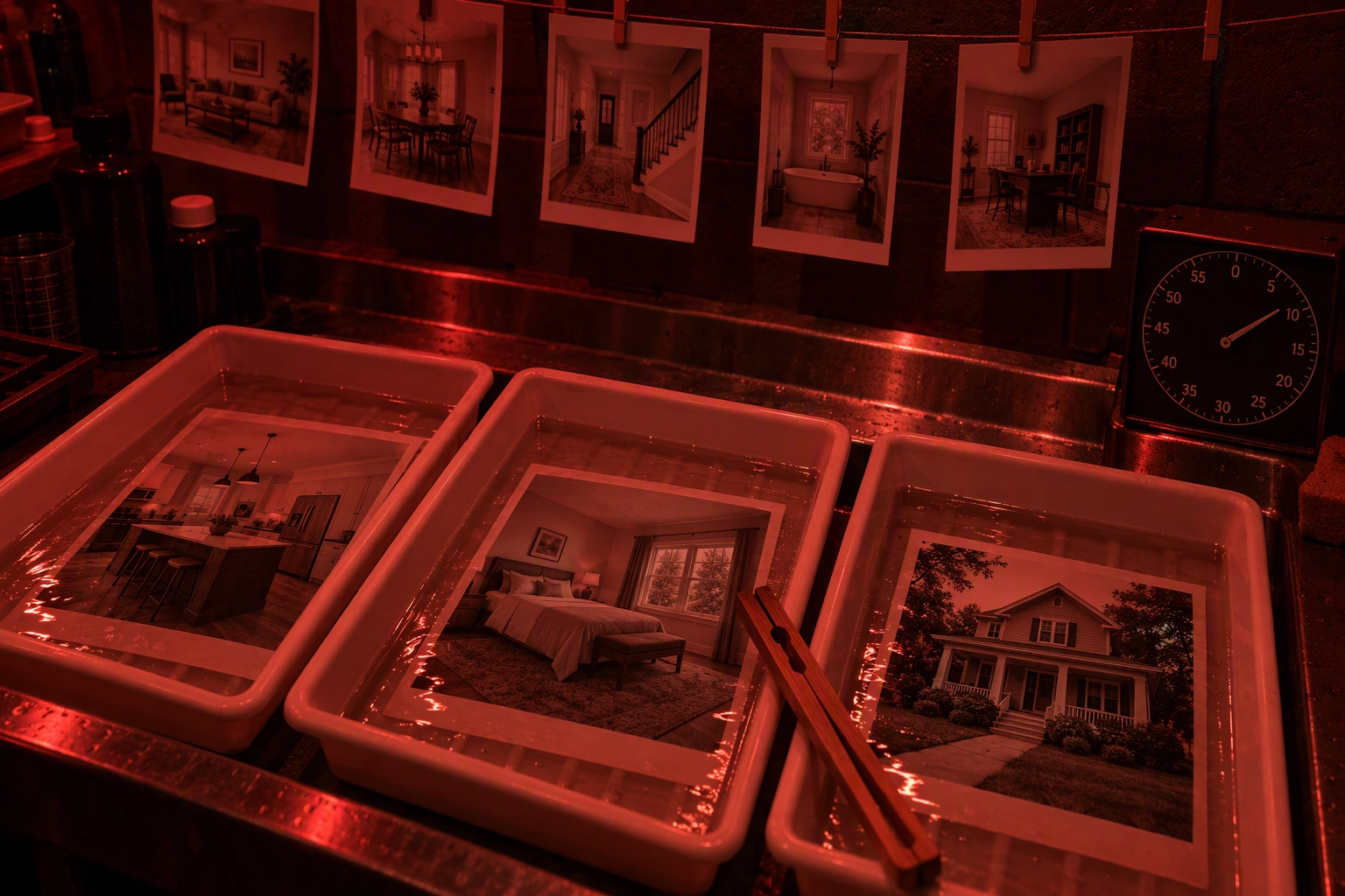 Three darkroom trays developing three listing photos at once under red safelight, a metaphor for batch renders running three at a time