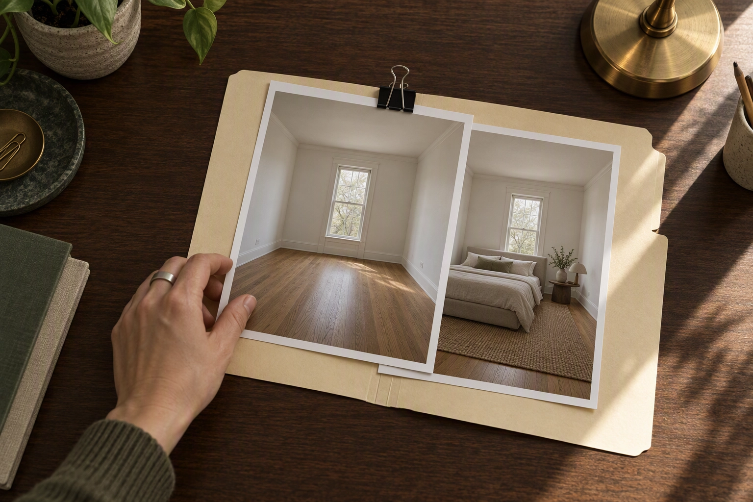 Original empty bedroom print clipped to its virtually staged version and filed together, keeping originals for AB 723 disclosure