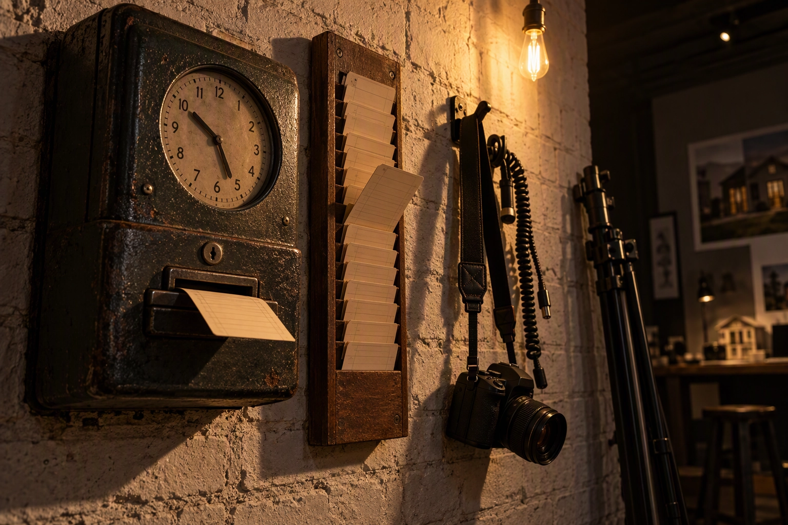 Punch clock and rack of time cards in a real estate photography studio, the editing hours a bulk workflow gives back