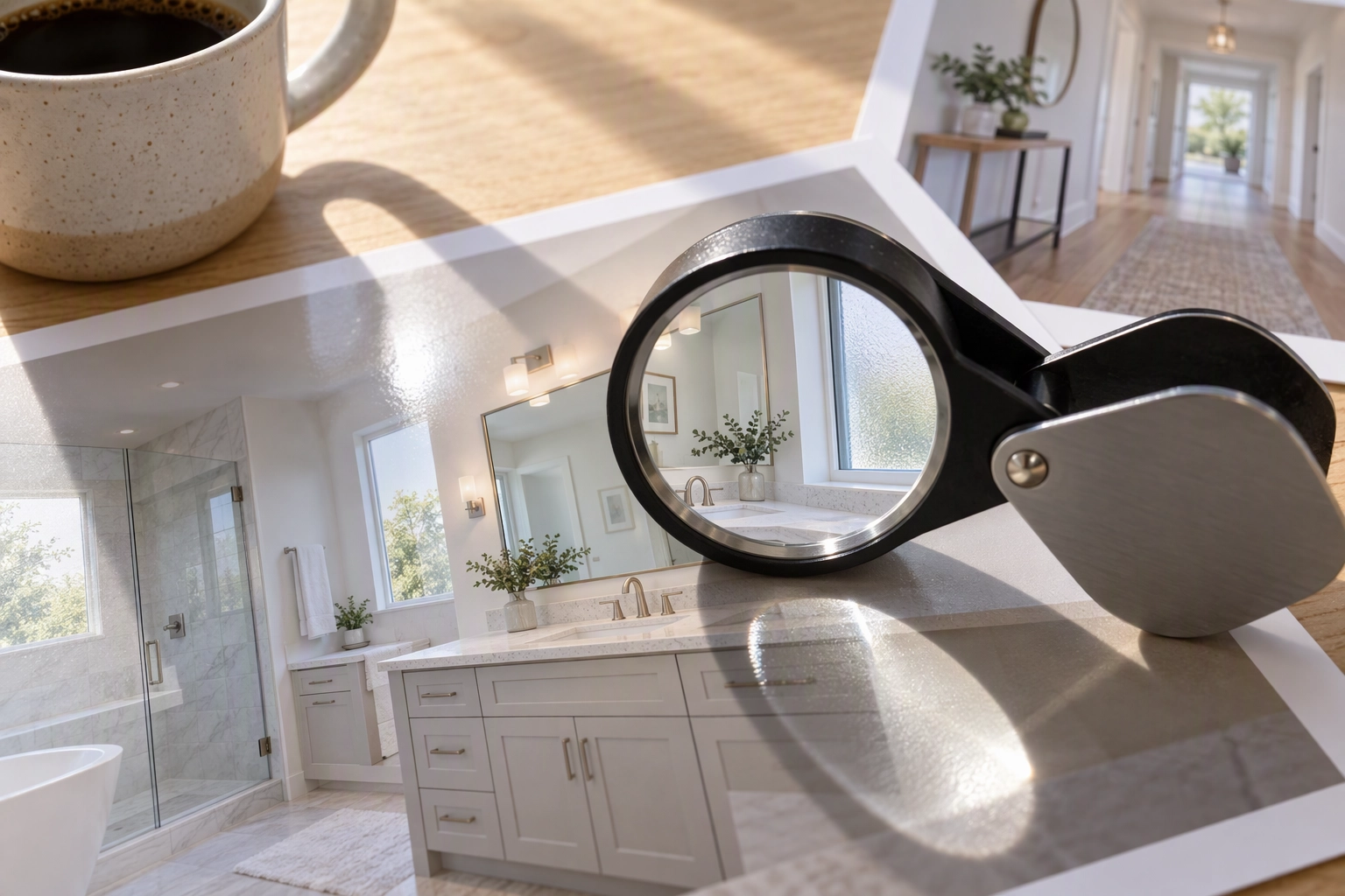 Loupe magnifying a window reflection on a glossy listing print during the quality check before a bulk edited set ships