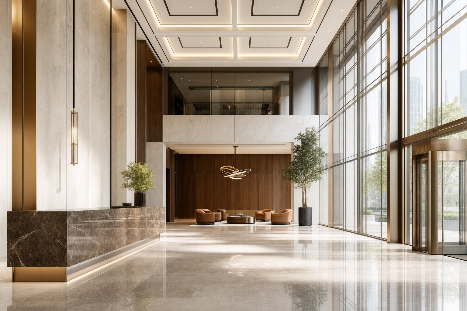 Double-height Class A office building lobby with stone reception desk, marble floor and floor-to-ceiling glass