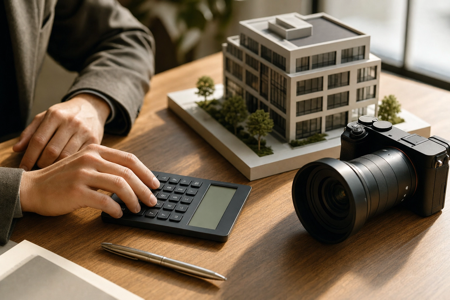 Hands with a calculator, camera and scale model office building while budgeting a commercial real estate shoot