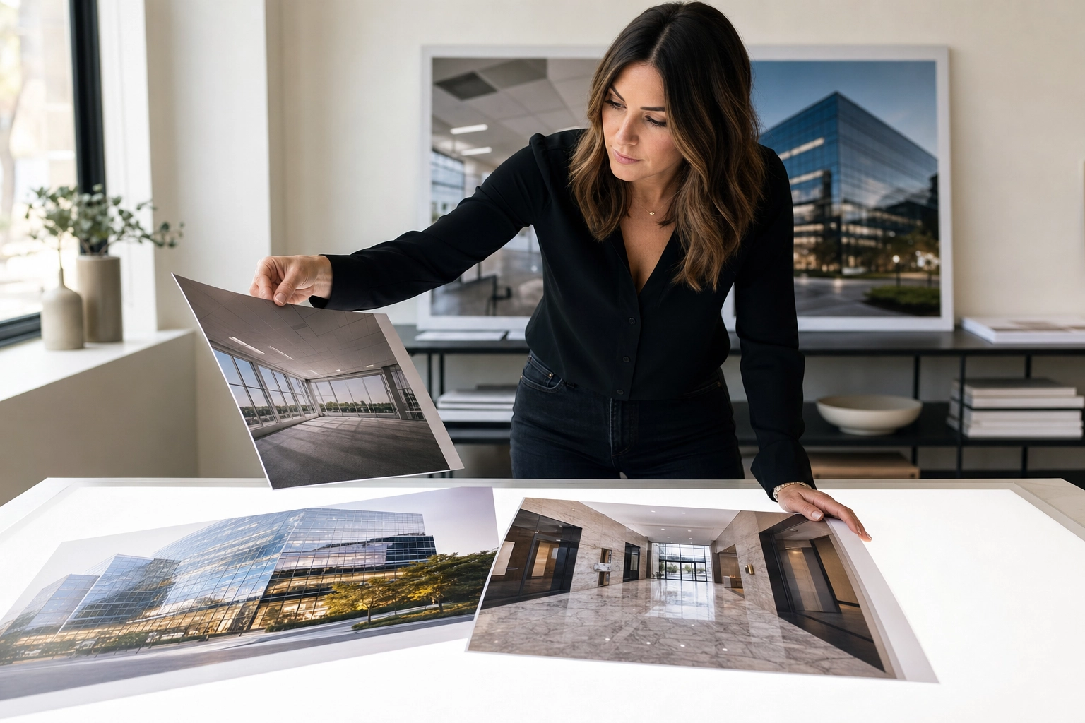 Marketing specialist comparing printed commercial property photos on a light table for a consistent listing set