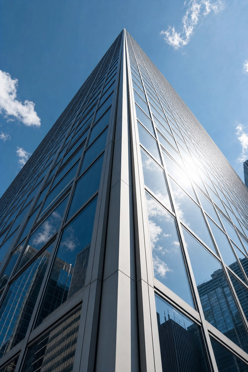 Dramatic worm's-eye view looking up a tall glass commercial office tower against a clear blue sky