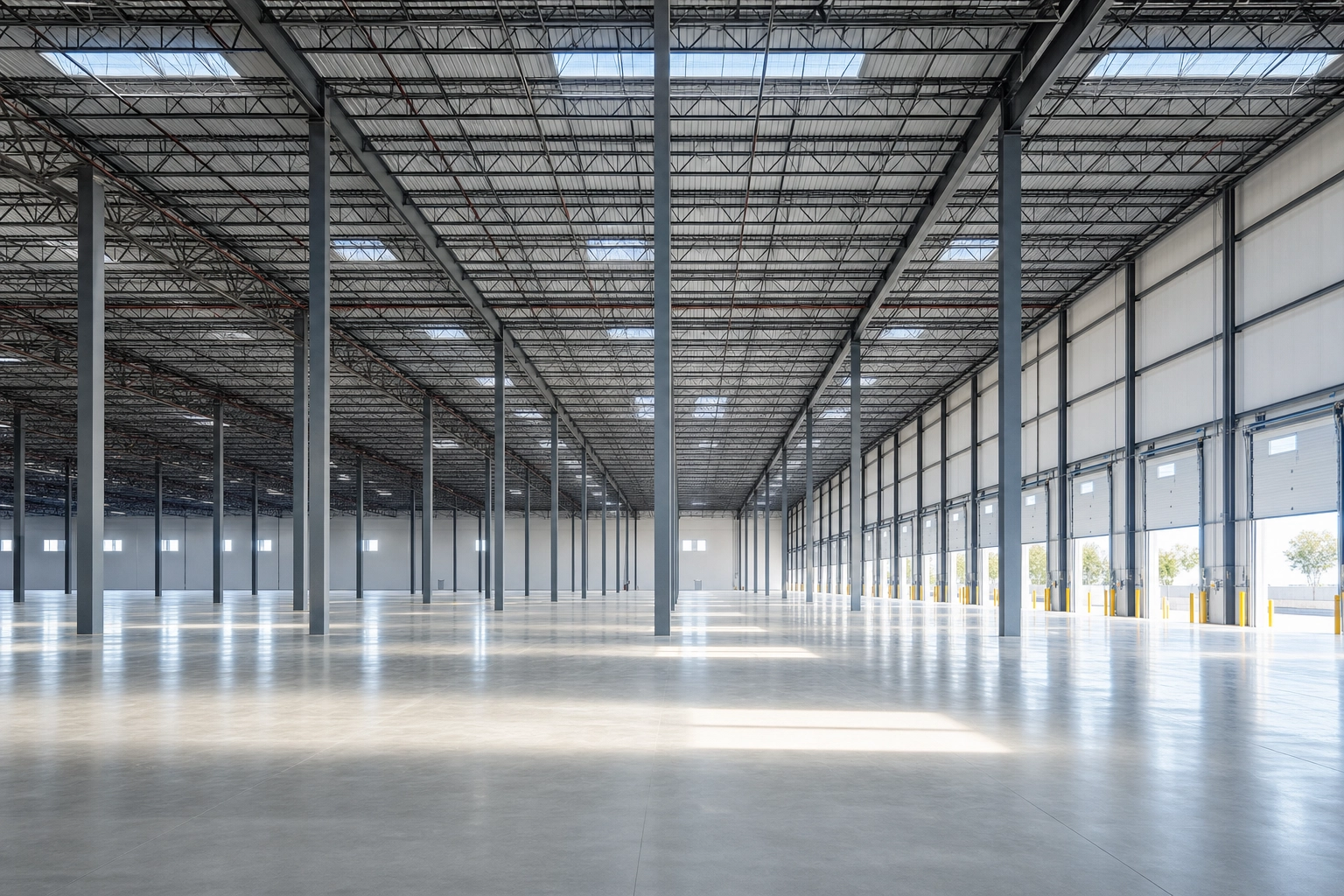 Wide interior of an empty clear-span distribution warehouse with steel columns and daylight from dock doors