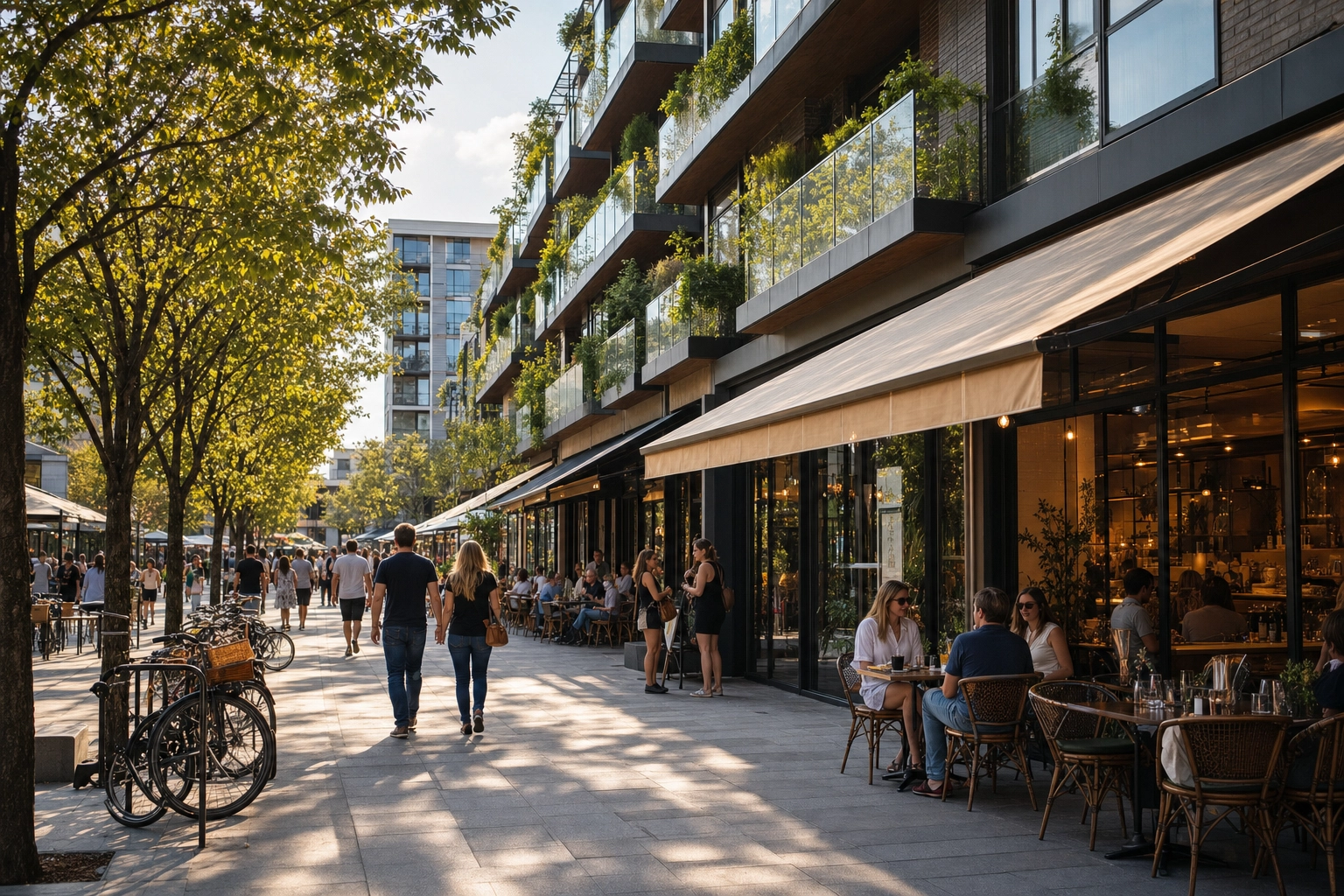 Pedestrian street in a modern mixed-use development with ground-floor shops, cafe seating and apartments above