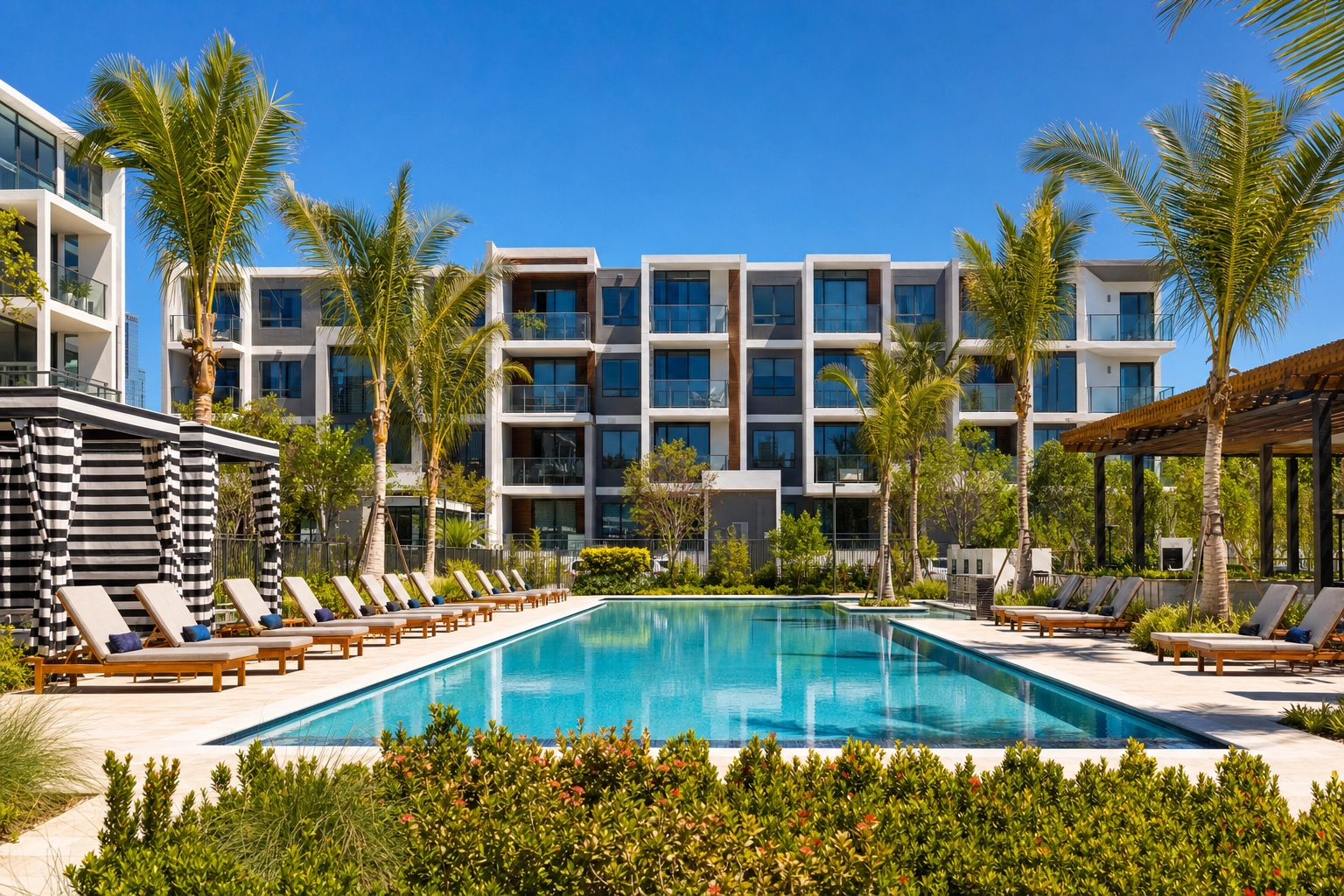 Sunny resort-style pool courtyard of a modern multifamily apartment community with lounge chairs and palms