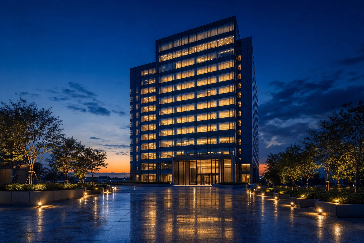 Modern commercial office tower glowing at blue-hour twilight above a reflective plaza, a day-to-dusk exterior
