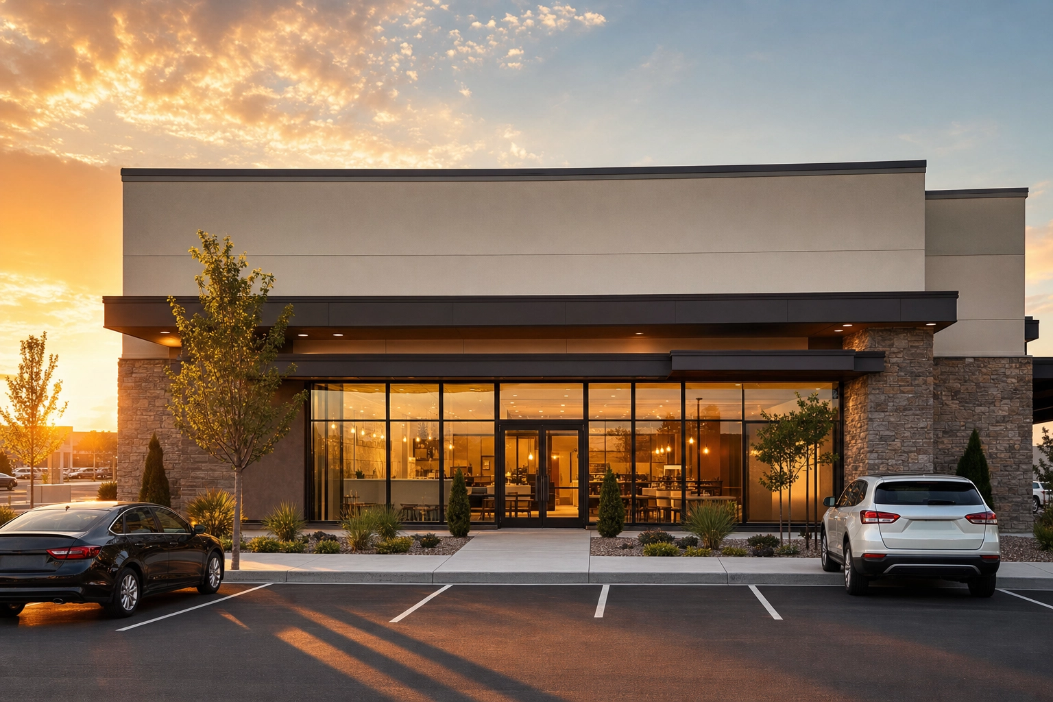 Suburban retail and restaurant storefront at golden hour with display windows, canopy entry and parking lot