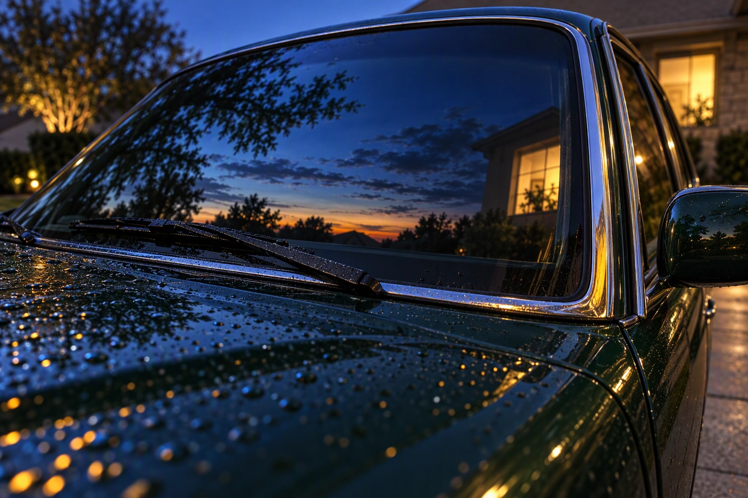 Car windshield and chrome trim reflecting a cobalt and amber dusk sky, the reflection check for a day to dusk photo