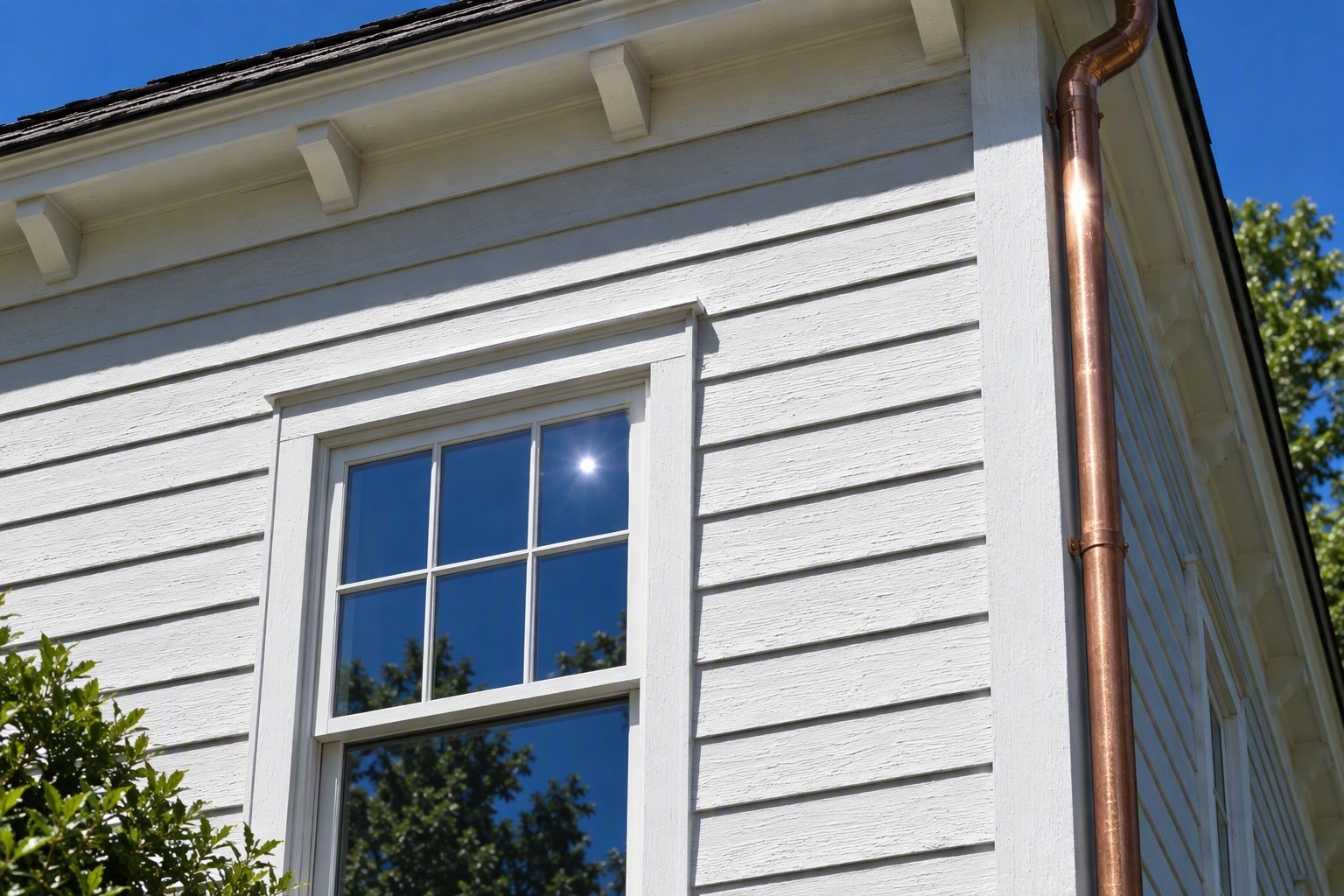 White clapboard eave casting a short hard noon shadow, the hardest daytime input for a day to dusk conversion
