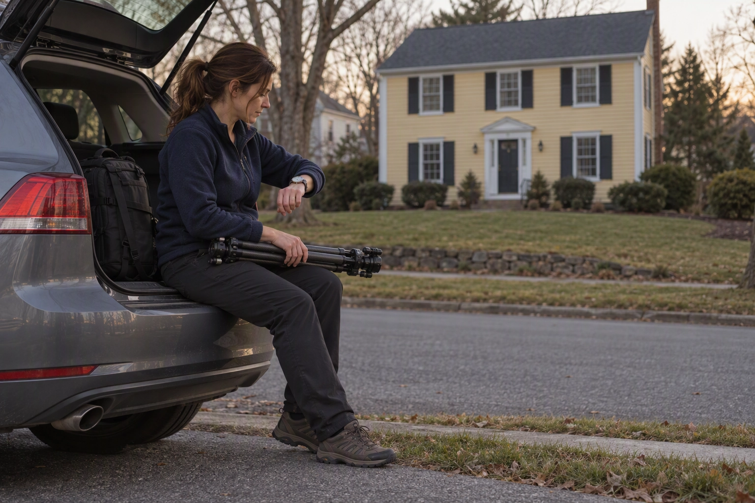 Real estate photographer waiting on a car's open tailgate with a folded tripod for the twilight window of a reshoot
