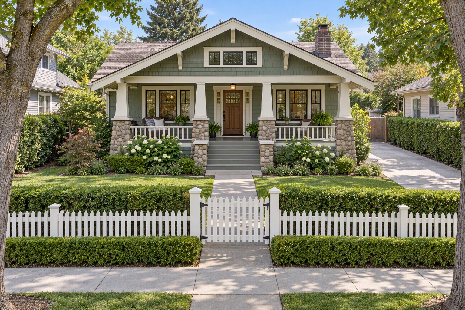 Elevated front drone shot of a Craftsman bungalow from 18 feet, clearing the hedge with straight vertical walls