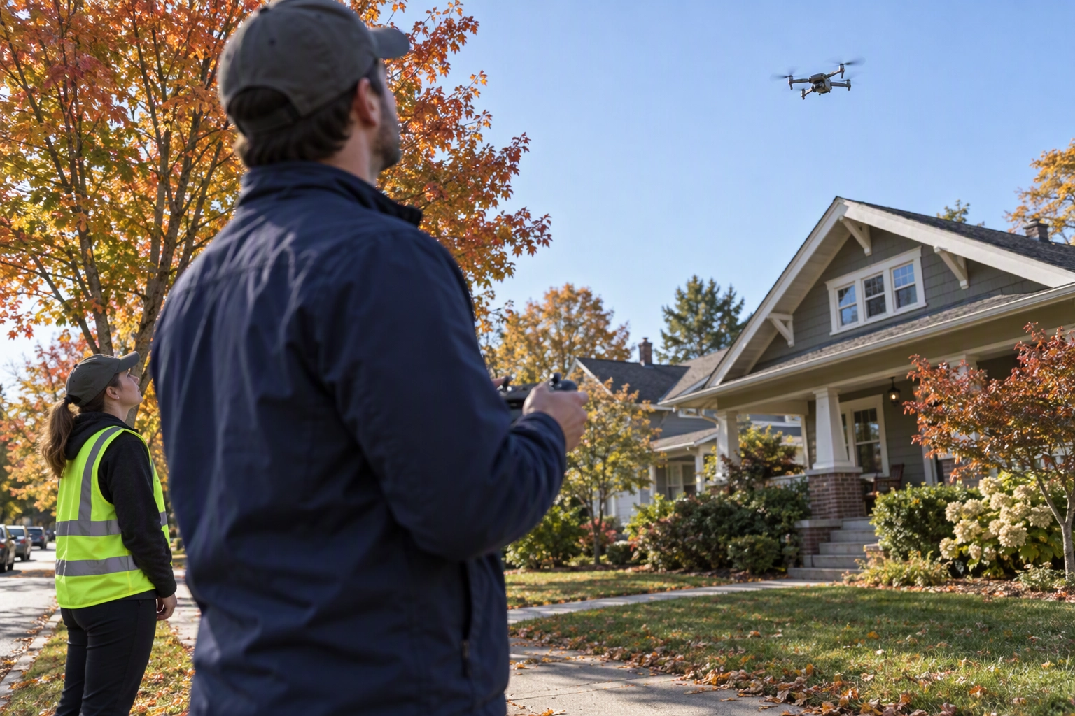 Part 107 drone pilot and visual observer keeping a real estate drone in visual line of sight above a Craftsman bungalow