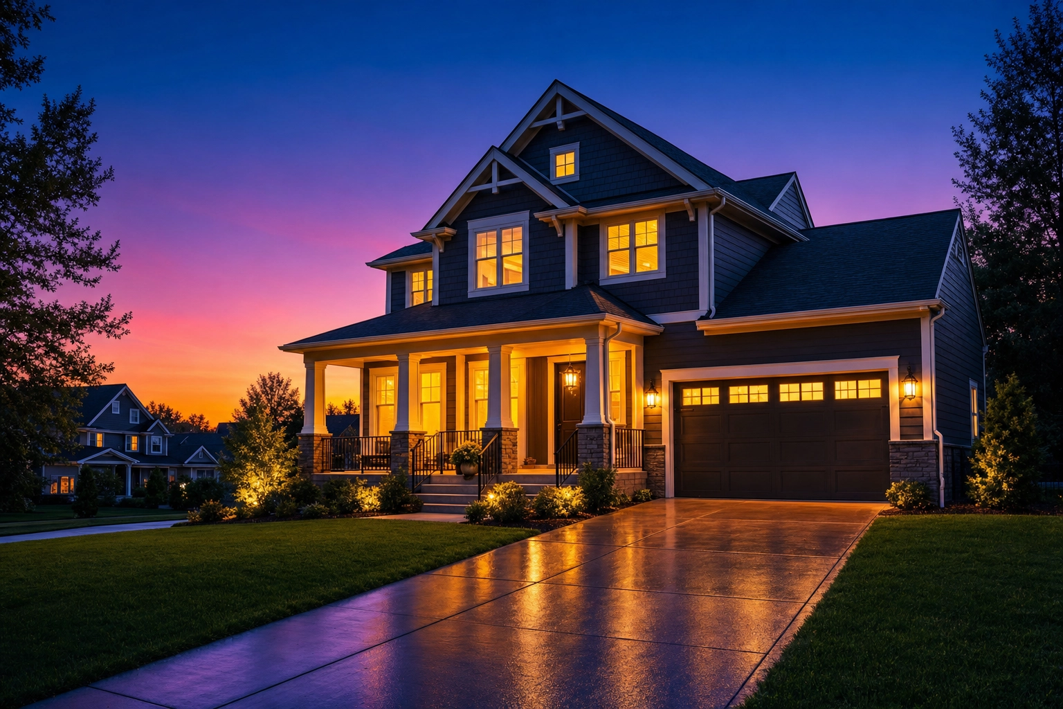 Twilight real estate photo of a home with warm glowing windows against a cobalt-and-magenta dusk sky