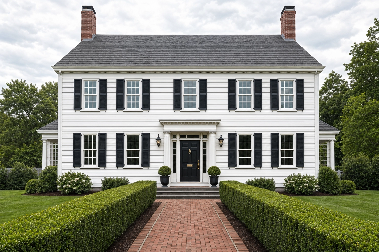 Straight-on front elevation of a white Colonial home with perfectly straight verticals and a centered entry path