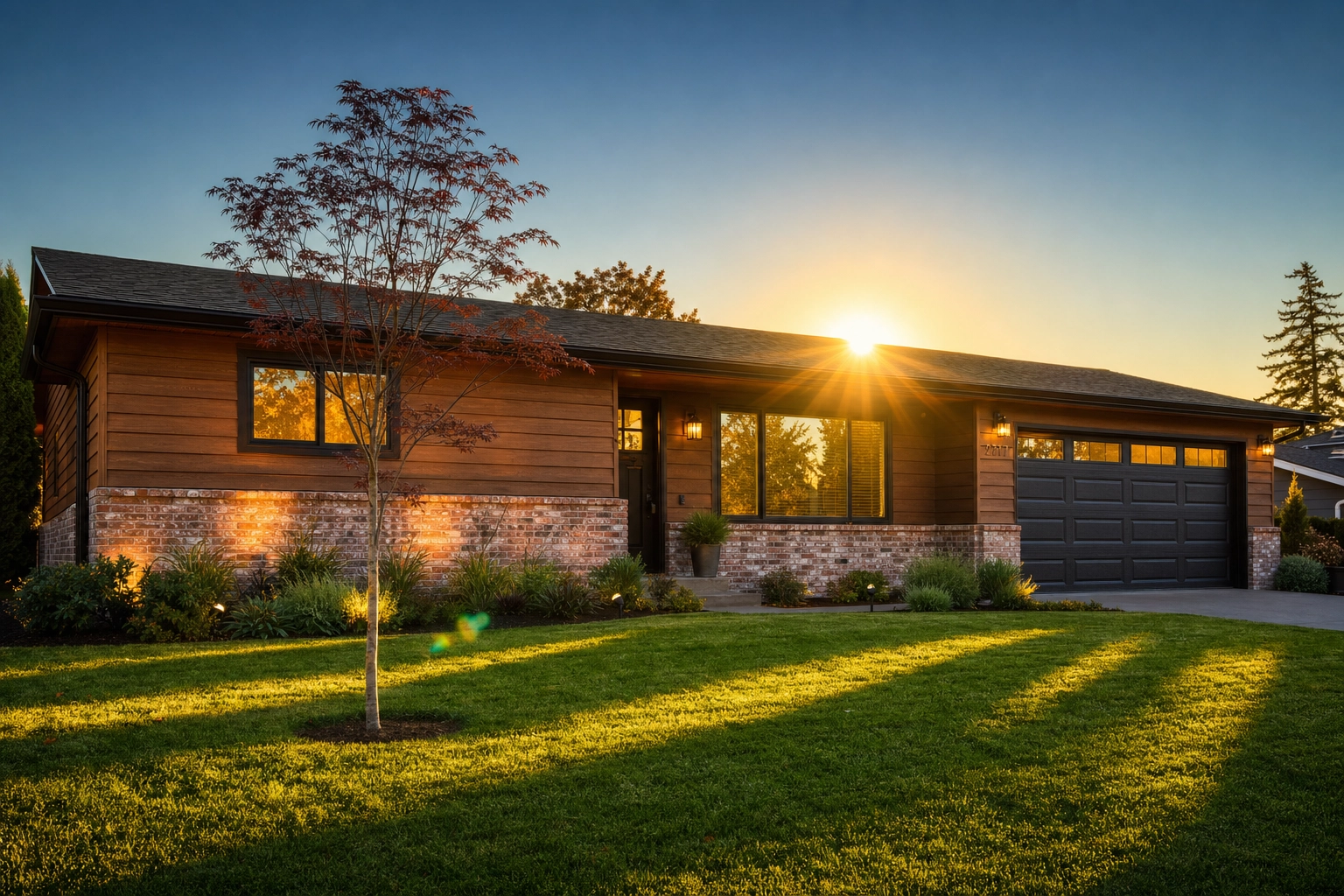 Golden-hour sunlight raking across a ranch home's front façade with long shadows on a green lawn at sunset