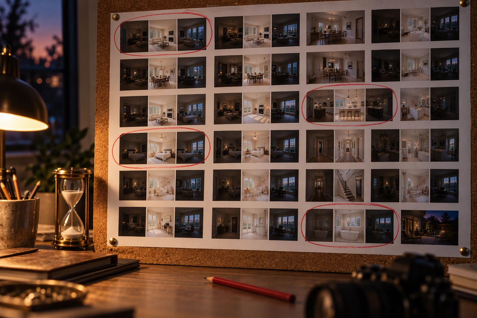 Pinboard contact sheet of room thumbnails grouped in threes, ambient, flash and window pull, showing how flambient exposures multiply