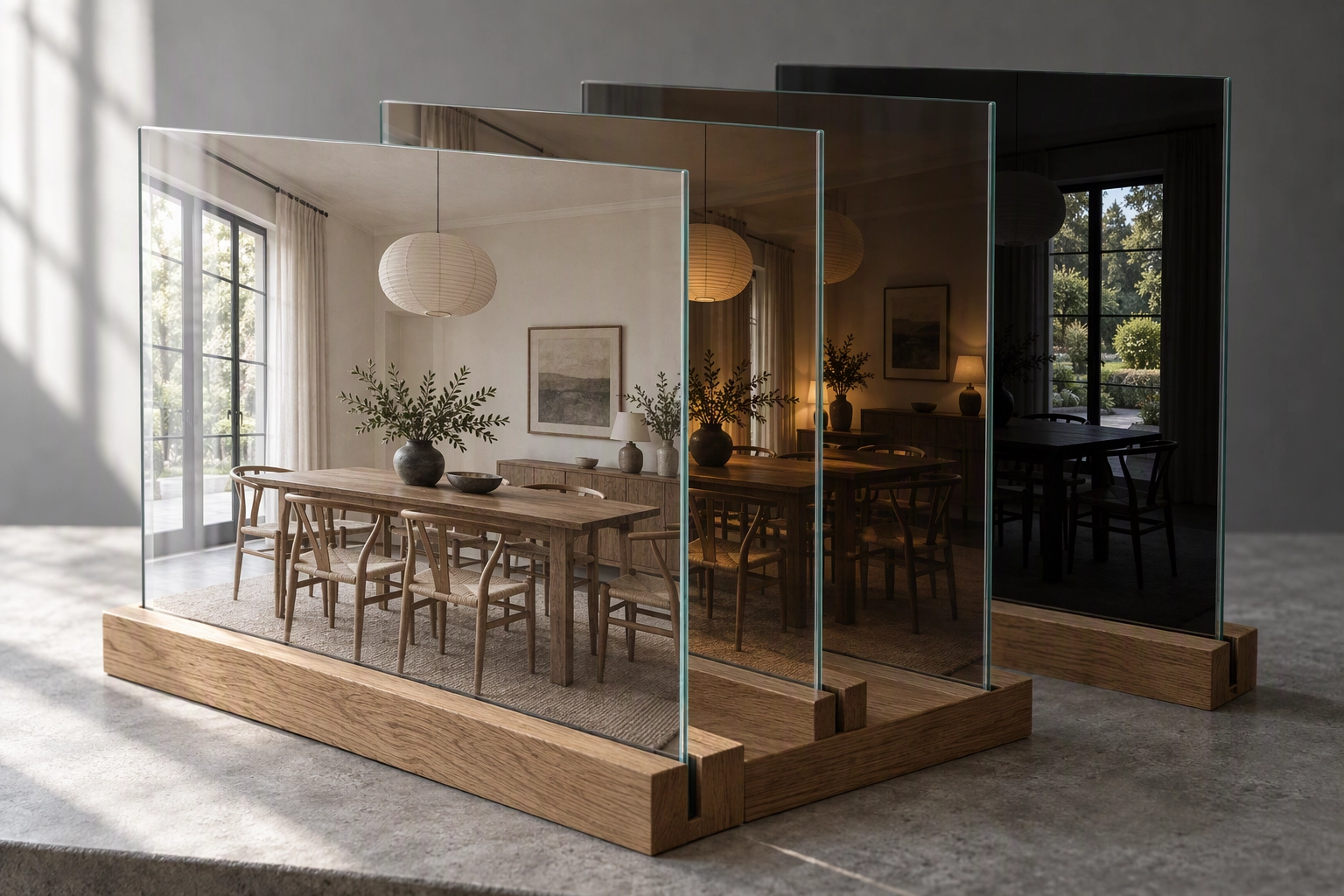 Three glass panes printed with the same dining room in flash, ambient and window-pull exposures, a metaphor for the flambient layer stack