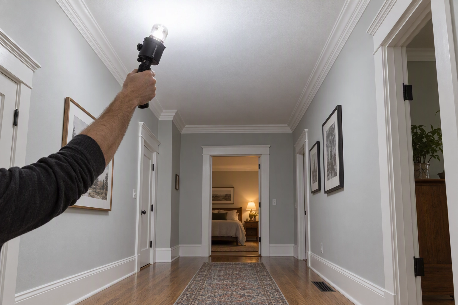 Hand holding a bare-bulb pocket strobe two feet below a white ceiling, bouncing flash for the flambient flash frame