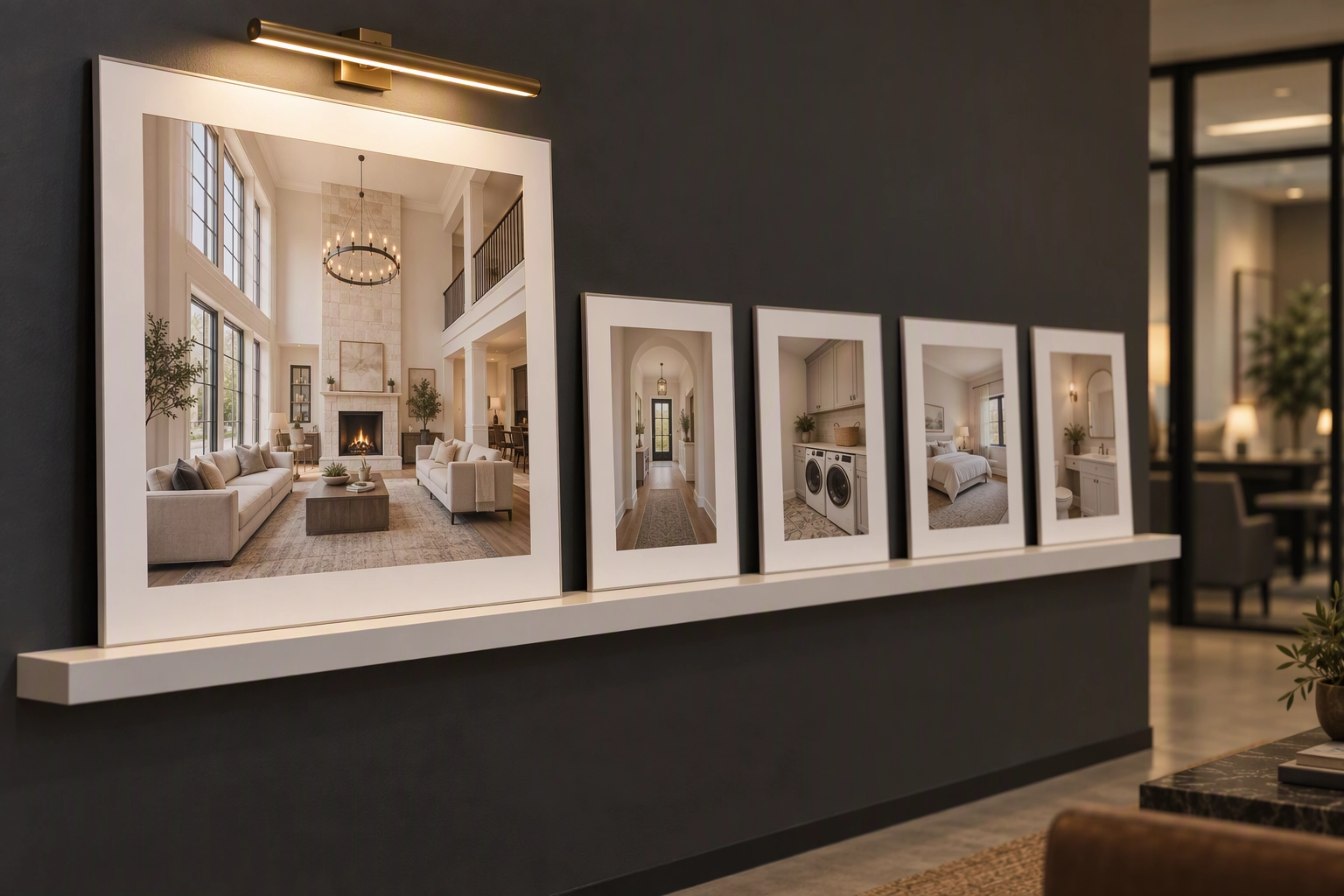 Gallery ledge of listing prints: one large hero living room print under a picture light beside smaller hallway, laundry and bedroom prints