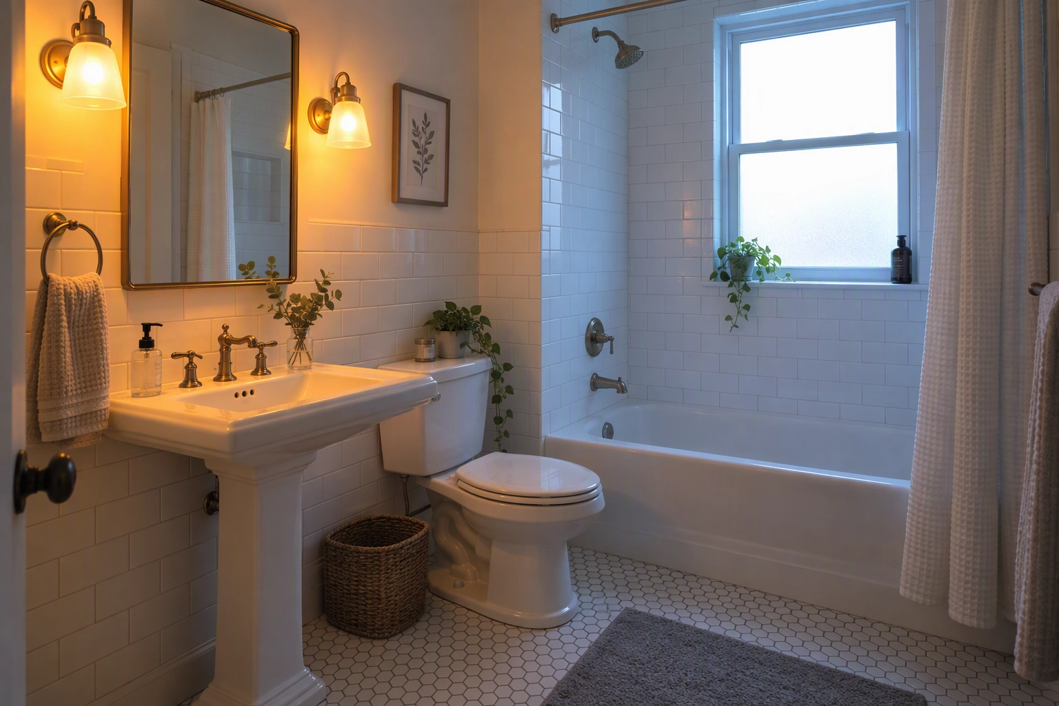 White-tiled bathroom showing mixed color temperature: warm tungsten vanity light on one side, cool blue window daylight on the other