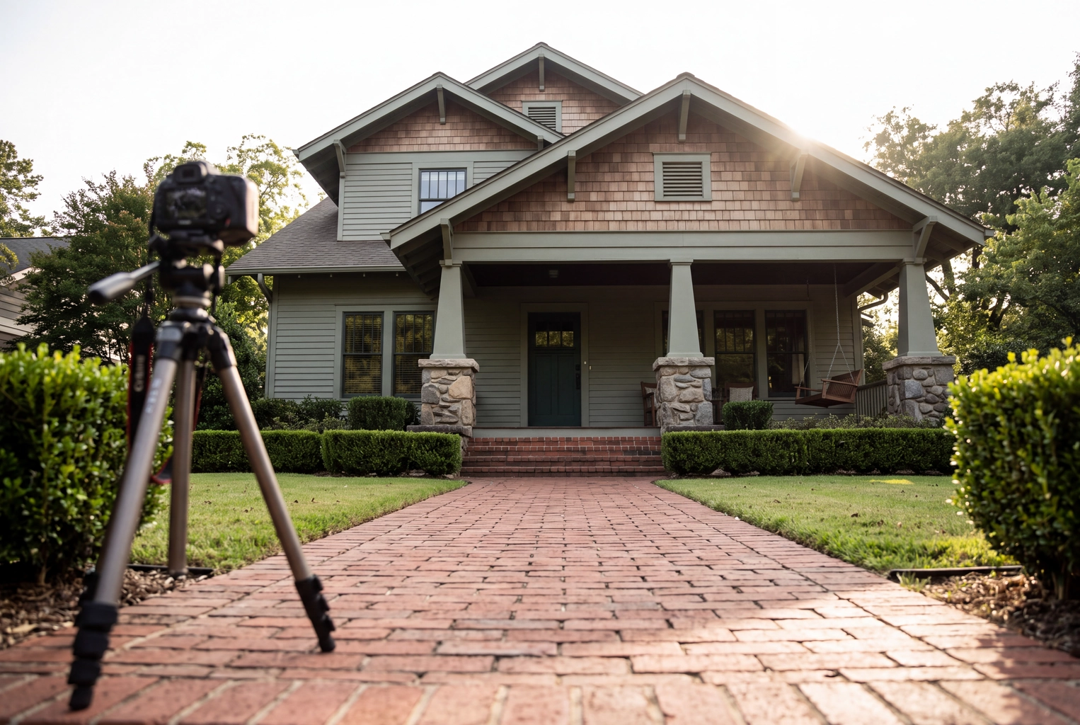 Backlit craftsman bungalow with a deep shaded porch under a washed-out sky, the exterior scene that needs five brackets and a sky fix