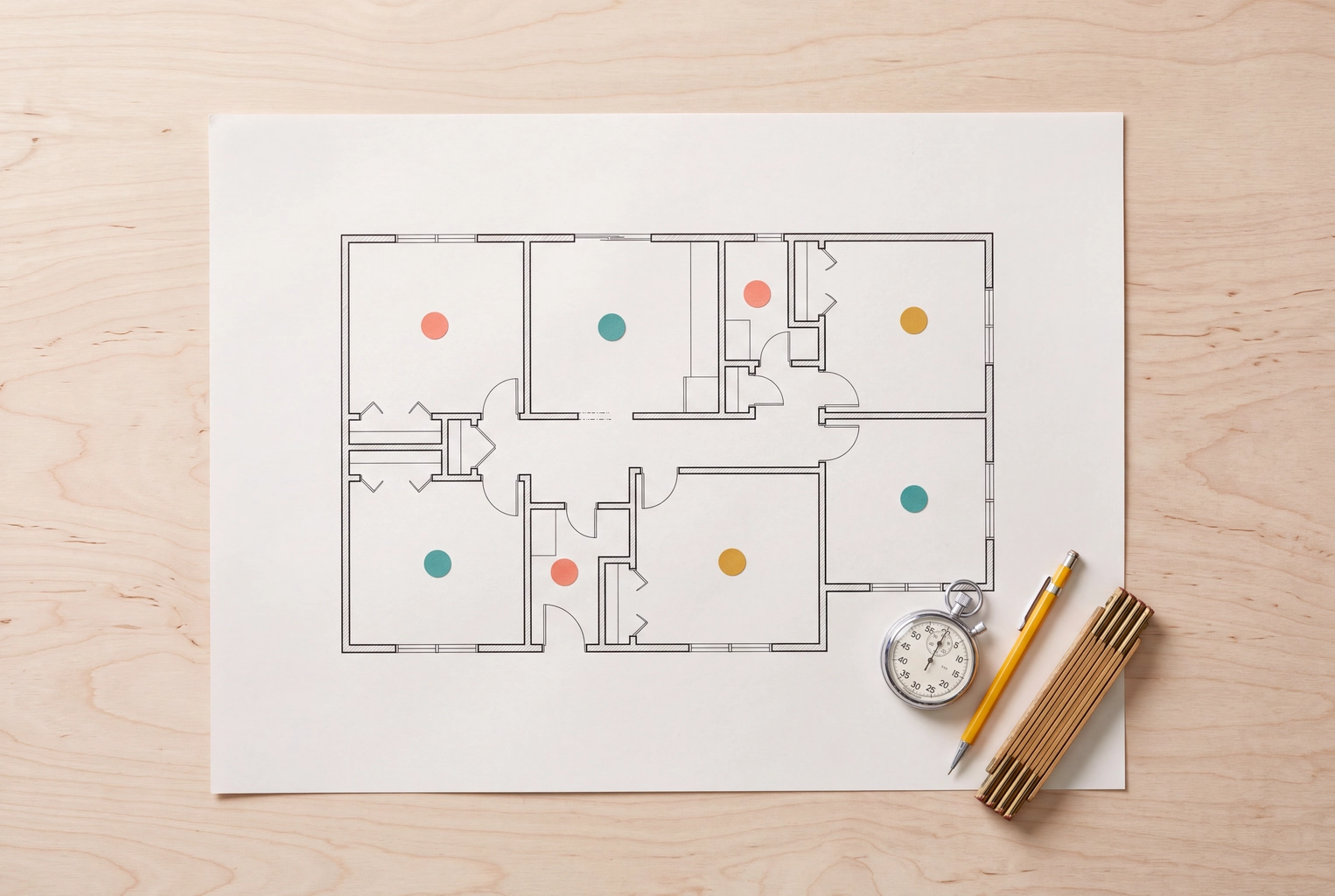 Floor plan with colored dots marking HDR, flambient or single-frame capture for each room, beside a stopwatch timing the shoot