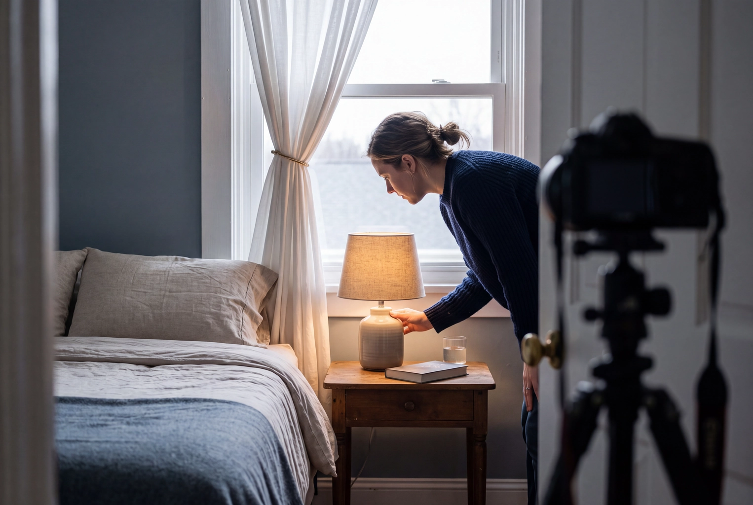 Photographer switching on a bedside lamp and tying back curtains before shooting HDR brackets of a guest bedroom from a tripod