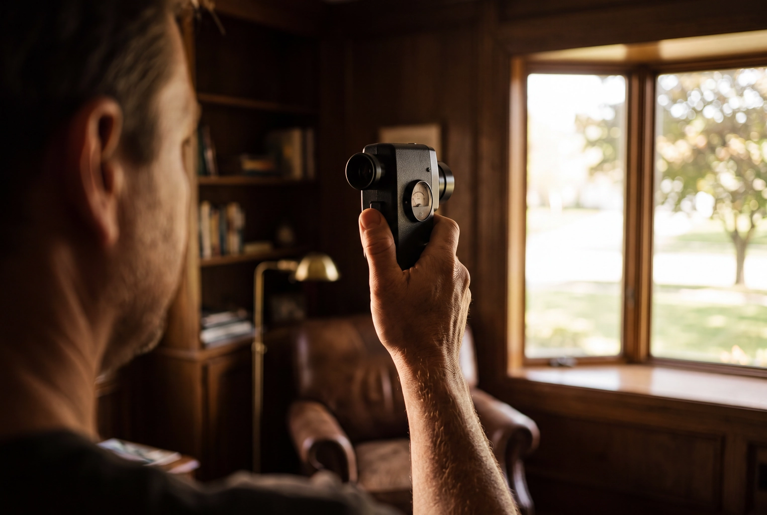 Hand holding a spot light meter toward a bright bay window in a dim den, measuring the stops between view and shadow before bracketing
