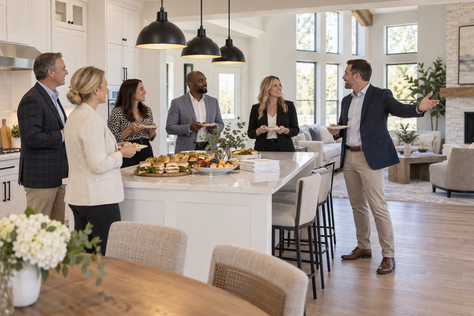 Real estate agents touring a finished spec home kitchen at a builder's broker preview lunch