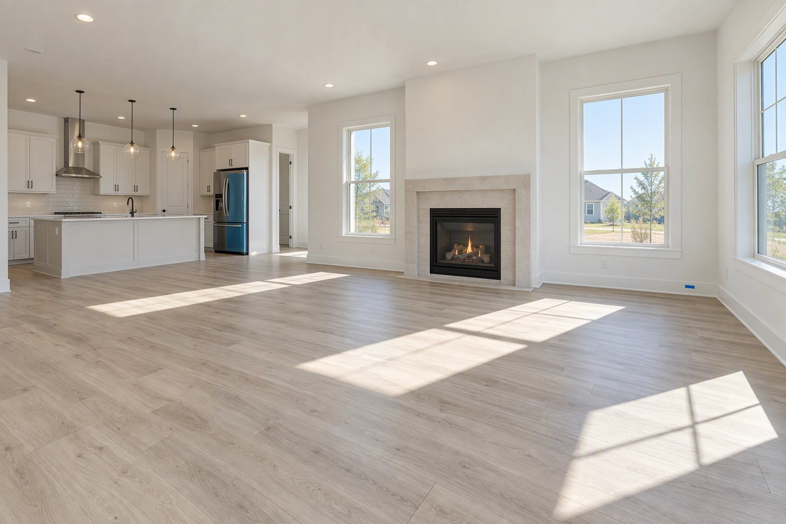 Empty great room in a finished spec home with new plank flooring and film still on the fridge, ready for virtual staging