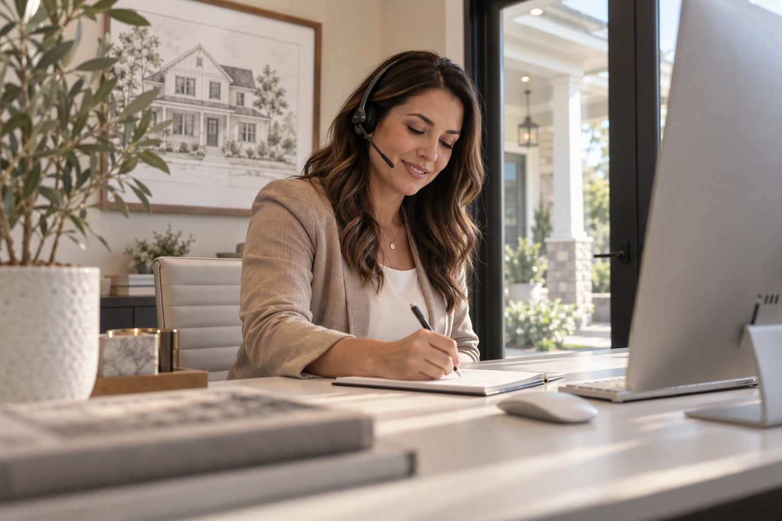 Online sales counselor on a headset answering a new home lead within the hour at a builder's sales center