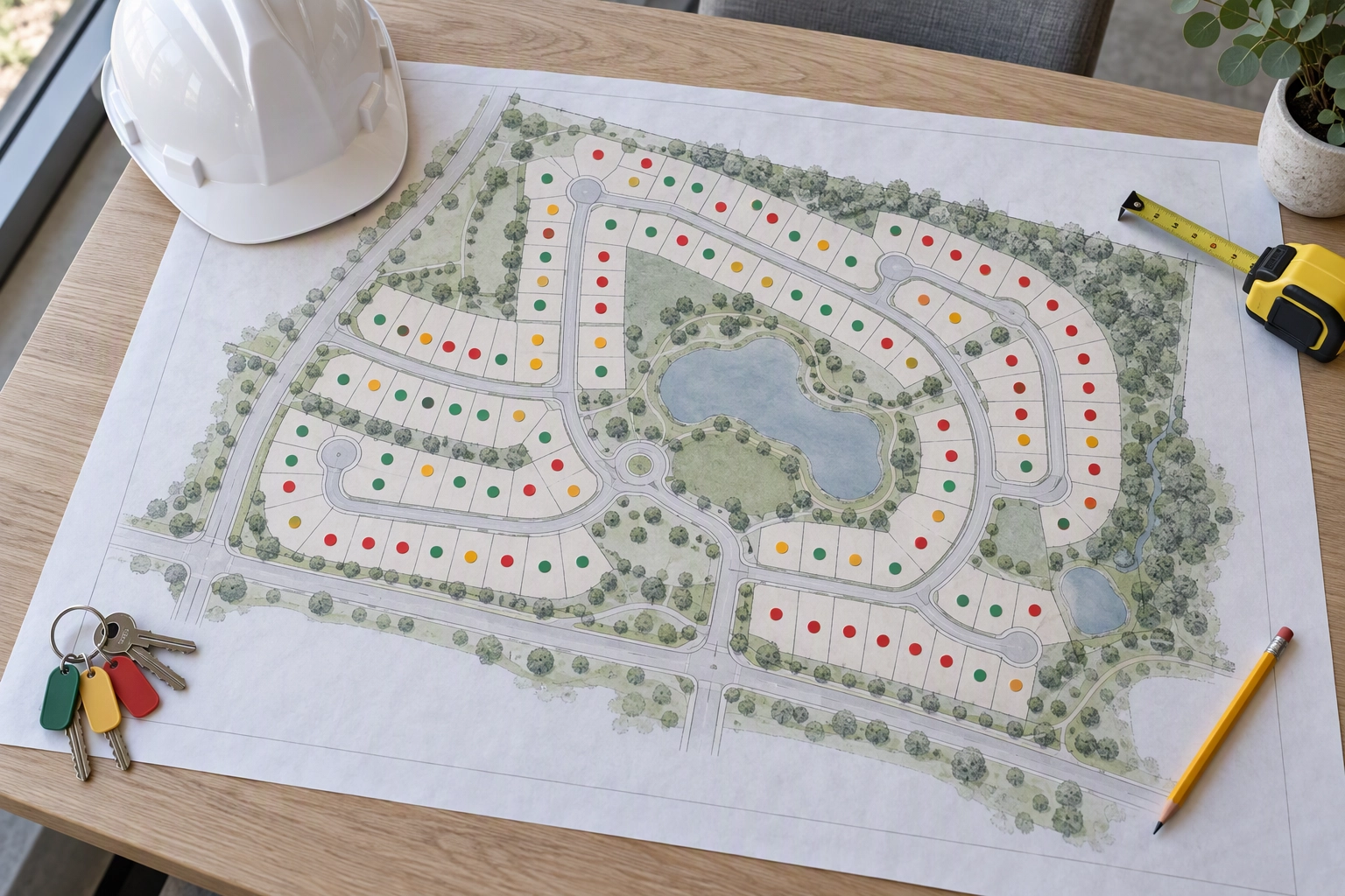 Subdivision plat map with green, amber and red lot stickers on a sales office table, tracking spec home inventory by stage