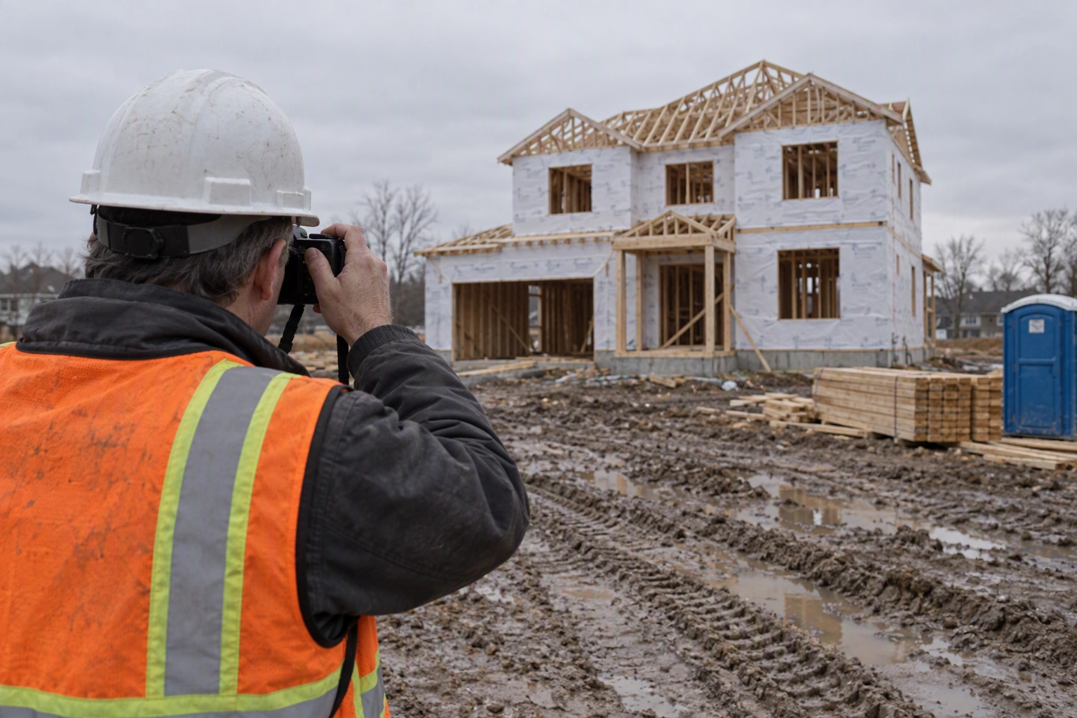 Superintendent taking a construction progress photo of a framed spec house under a flat grey overcast sky
