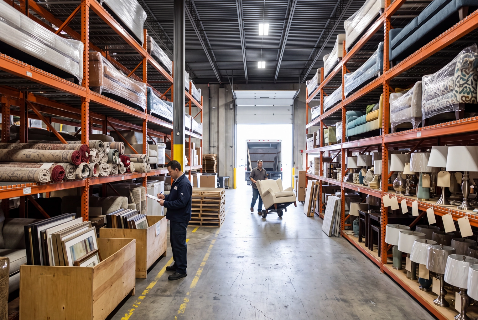 Home staging warehouse with plastic-wrapped sofas, rolled rugs and tagged lamps, the inventory physical staging rents out