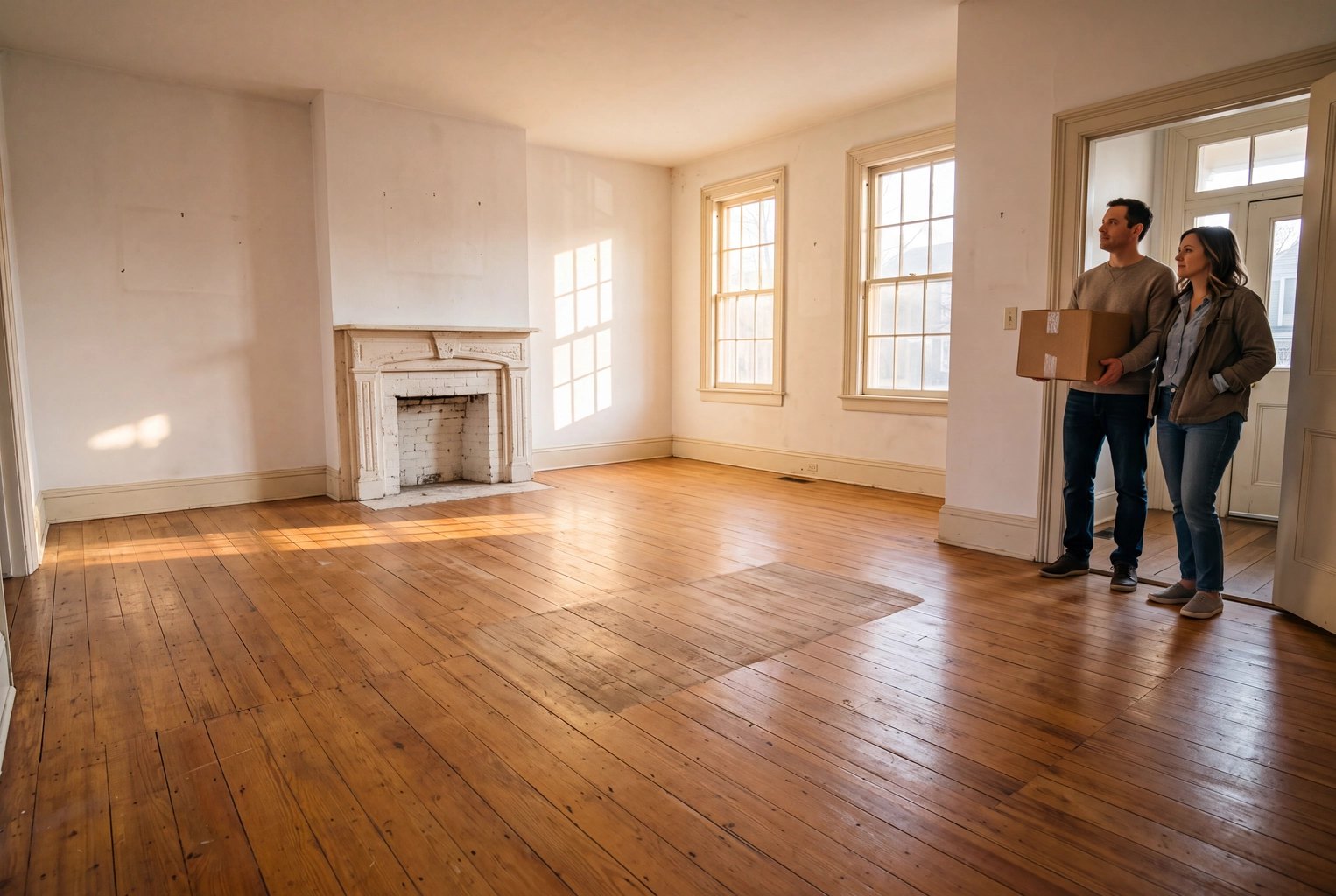 Sellers in their emptied living room on move-out day, the bare before frame a staging decision starts from