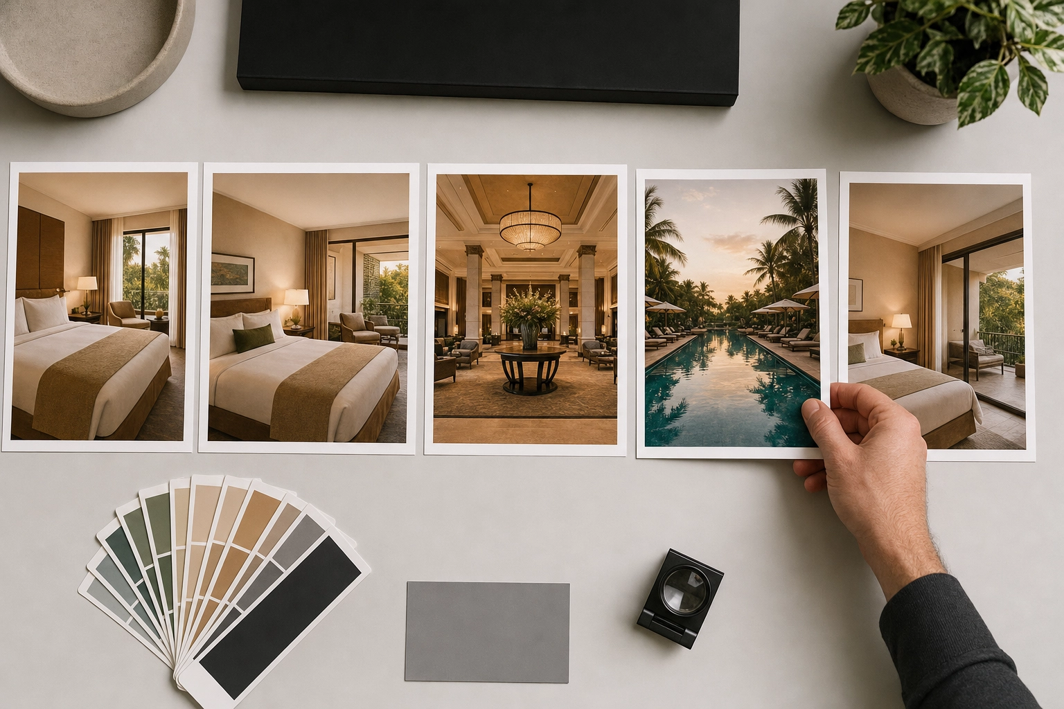 Overhead flat-lay of color-matched hotel photo proofs arranged on a desk to show grading consistency
