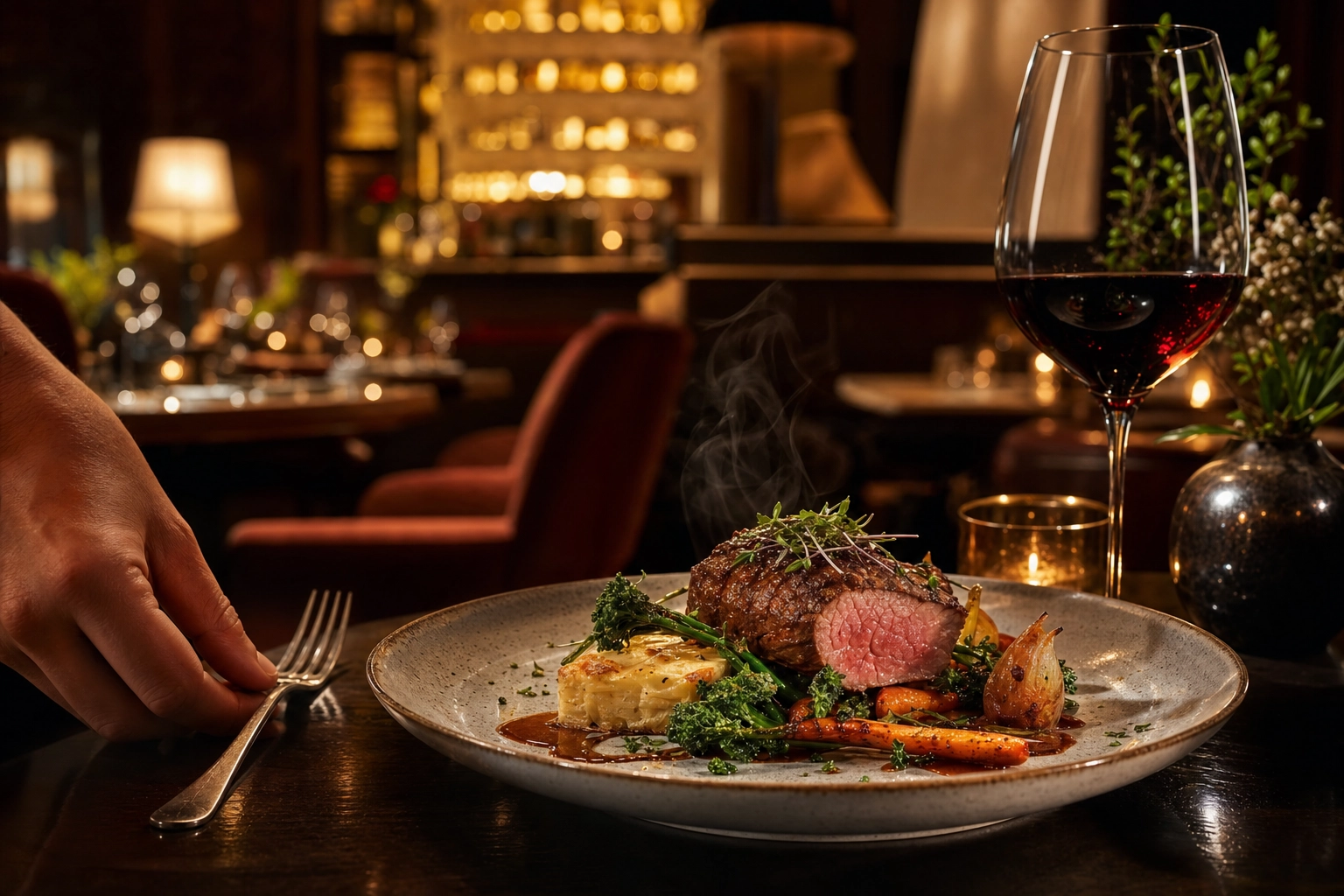 Plated fine-dining dish in a warmly lit hotel restaurant with a hand placing a fork nearby