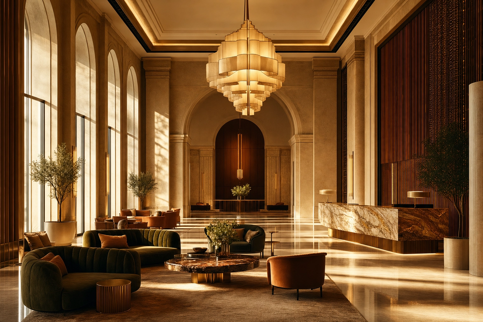 Grand hotel lobby photographed at early morning with warm light across a polished marble floor
