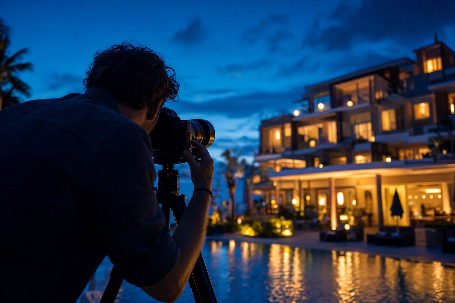 Hospitality photographer on a tripod capturing a glowing hotel exterior at blue hour on location