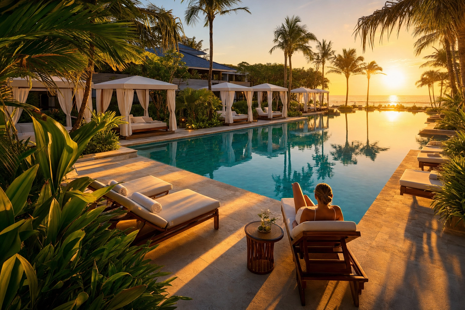 Resort pool deck with cabanas and loungers at golden hour beside glassy turquoise water
